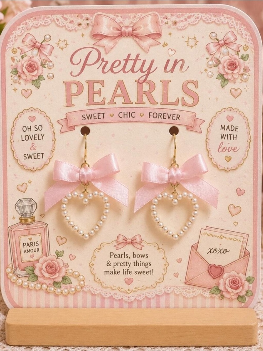 Pretty in Pearls Pink Bow & Pearl Heart Drop Earrings